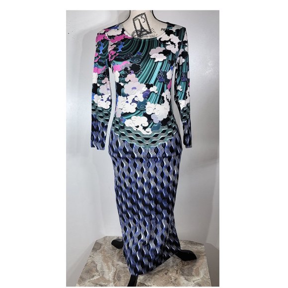 Mary Katrantzou Cloud Print Long Sleeve Jersey Bodycon Midi Dress Size XS - Picture 2 of 7